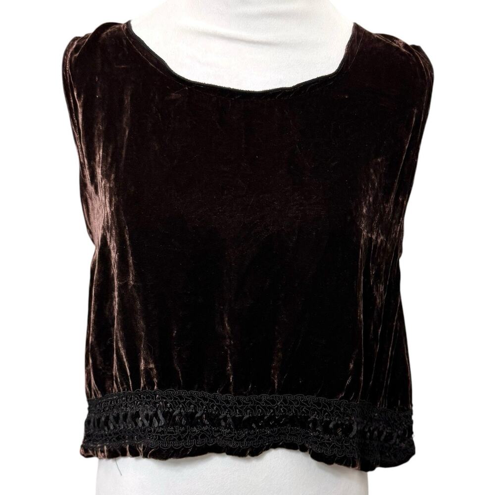 VTG 100% Silk Velvet Lace Trim Boho Y2K Crop Top Dark Brown Sleeveless Festival - Picture 2 of 10
